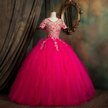 Vintage Retro Fuchsia Dancing Prom Dresses 2021 Ball Gown Scoop Neck Short Sleeve Appliques Lace Beading Pearl Floor Length Long Ruffle Backless Formal Dresses