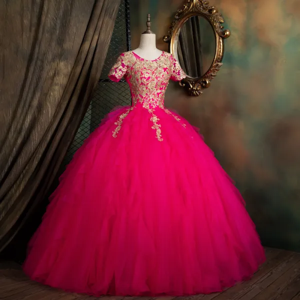 Vintage / Retro Fuchsia Dancing Prom Dresses 2021 Ball Gown Scoop Neck Short Sleeve Appliques Lace Beading Pearl Floor-Length / Long Ruffle Backless Formal Dresses