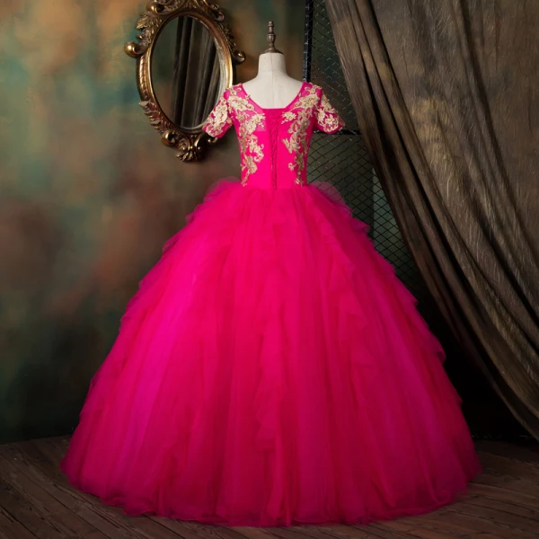 Vintage / Retro Fuchsia Dancing Prom Dresses 2021 Ball Gown Scoop Neck Short Sleeve Appliques Lace Beading Pearl Floor-Length / Long Ruffle Backless Formal Dresses