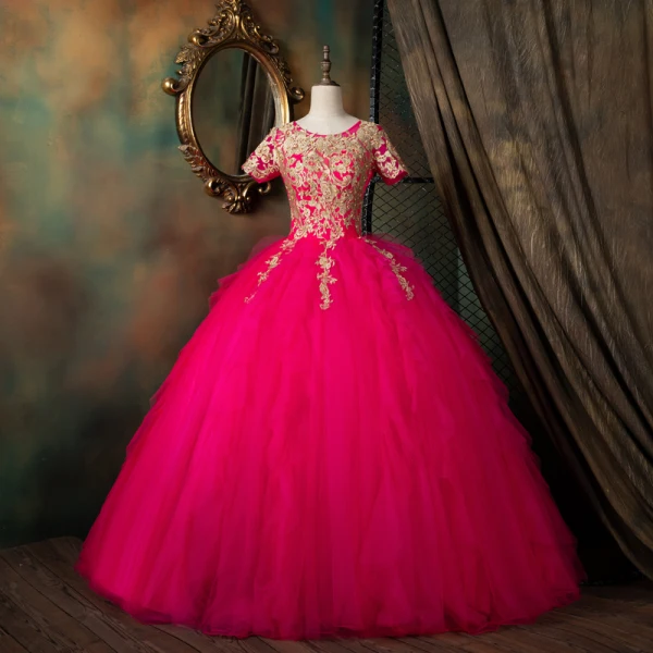 Vintage / Retro Fuchsia Dancing Prom Dresses 2021 Ball Gown Scoop Neck Short Sleeve Appliques Lace Beading Pearl Floor-Length / Long Ruffle Backless Formal Dresses