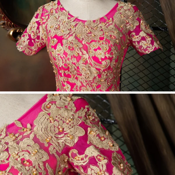 Vintage / Retro Fuchsia Dancing Prom Dresses 2021 Ball Gown Scoop Neck Short Sleeve Appliques Lace Beading Pearl Floor-Length / Long Ruffle Backless Formal Dresses