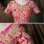 Vintage / Retro Fuchsia Dancing Prom Dresses 2021 Ball Gown Scoop Neck Short Sleeve Appliques Lace Beading Pearl Floor-Length / Long Ruffle Backless Formal Dresses