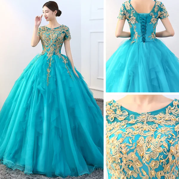 Vintage / Retro Fuchsia Dancing Prom Dresses 2021 Ball Gown Scoop Neck Short Sleeve Appliques Lace Beading Pearl Floor-Length / Long Ruffle Backless Formal Dresses