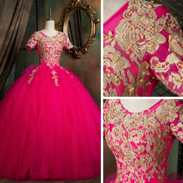 Vintage / Retro Fuchsia Dancing Prom Dresses 2021 Ball Gown Scoop Neck Short Sleeve Appliques Lace Beading Pearl Floor-Length / Long Ruffle Backless Formal Dresses