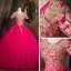 Vintage / Retro Fuchsia Dancing Prom Dresses 2021 Ball Gown Scoop Neck Short Sleeve Appliques Lace Beading Pearl Floor-Length / Long Ruffle Backless Formal Dresses