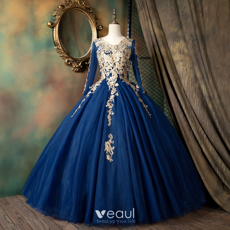 Elegant Navy Blue Off-the-shoulder Slit Formal Gown - Promfy