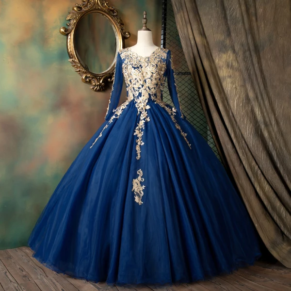 Classic Navy Blue Dancing Prom Dresses 2021 Ball Gown Scoop Neck Long Sleeve Appliques