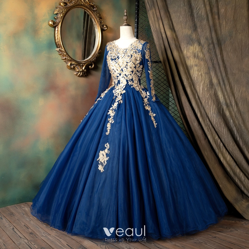 Classic Navy Blue Dancing Prom Dresses 2021 Ball Gown Scoop Neck Long  Sleeve Appliques Lace Beading