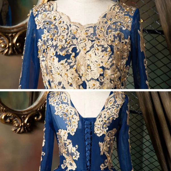 Classique Bleu Marine Dansant Robe De Bal 2021 Robe Boule Encolure Dégagée Manches Longues Appliques En Dentelle Perlage Perle Paillettes Longue Volants Dos Nu Robe De Ceremonie