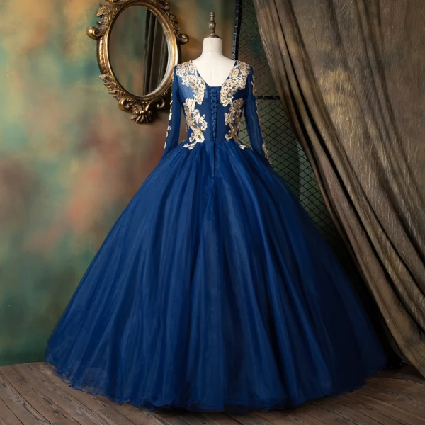 Classique Bleu Marine Dansant Robe De Bal 2021 Robe Boule Encolure Dégagée Manches Longues Appliques En Dentelle Perlage Perle Paillettes Longue Volants Dos Nu Robe De Ceremonie