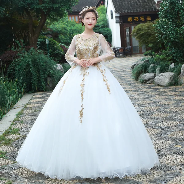 Classique Bleu Marine Dansant Robe De Bal 2021 Robe Boule Encolure Dégagée Manches Longues Appliques En Dentelle Perlage Perle Paillettes Longue Volants Dos Nu Robe De Ceremonie