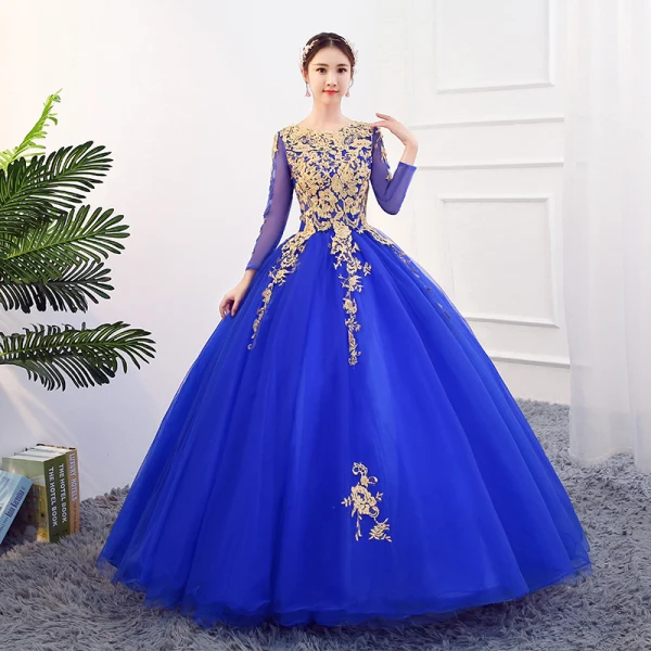 Classique Bleu Marine Dansant Robe De Bal 2021 Robe Boule Encolure Dégagée Manches Longues Appliques En Dentelle Perlage Perle Paillettes Longue Volants Dos Nu Robe De Ceremonie
