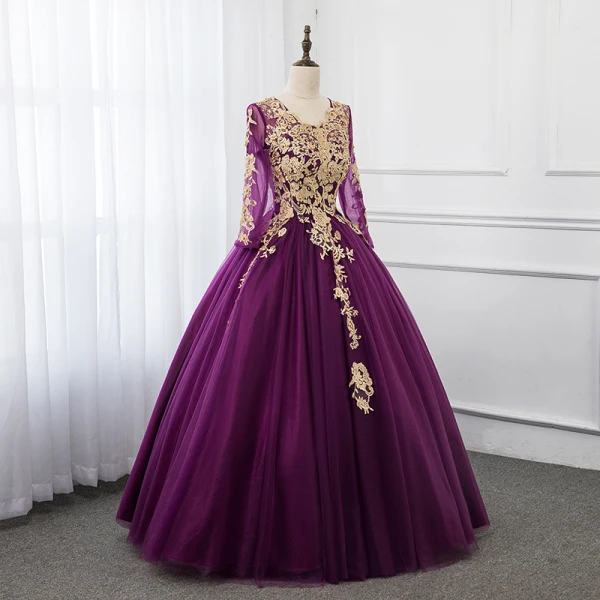 Classique Bleu Marine Dansant Robe De Bal 2021 Robe Boule Encolure Dégagée Manches Longues Appliques En Dentelle Perlage Perle Paillettes Longue Volants Dos Nu Robe De Ceremonie