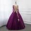 Classique Bleu Marine Dansant Robe De Bal 2021 Robe Boule Encolure Dégagée Manches Longues Appliques En Dentelle Perlage Perle Paillettes Longue Volants Dos Nu Robe De Ceremonie