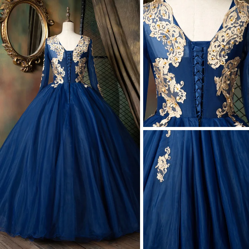 blue dress for baby girl Beaded Sequin Long Tail Navy Blue Tulle Sleeve Prom Ball Gown – Sultan Dress main image 0