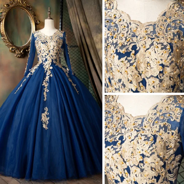 Classique Bleu Marine Dansant Robe De Bal 2021 Robe Boule Encolure Dégagée Manches Longues Appliques En Dentelle Perlage Perle Paillettes Longue Volants Dos Nu Robe De Ceremonie
