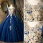Classique Bleu Marine Dansant Robe De Bal 2021 Robe Boule Encolure Dégagée Manches Longues Appliques En Dentelle Perlage Perle Paillettes Longue Volants Dos Nu Robe De Ceremonie