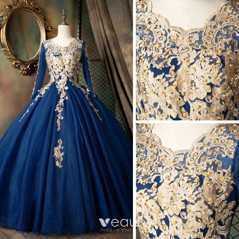 Navy Blue Satin Scoop Ball Gown Floor Length Party Dress, Blue Evening Dress
