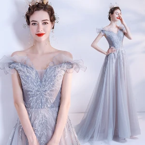 Elegant Grey Prom Dresses 2021 A Line Princess Off The Shoulder Short Sleeve Appliques Sequins Beading Glitter Tulle Sweep Train Ruffle Backless Formal Dresses