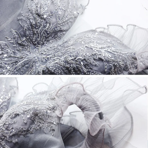 Élégant Gris Robe De Bal 2021 Princesse De l'épaule Manches Courtes Appliques Paillettes Perlage Glitter Tulle Train De Balayage Volants Dos Nu Robe De Ceremonie