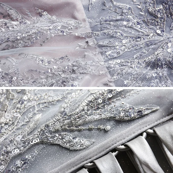 Élégant Gris Robe De Bal 2021 Princesse De l'épaule Manches Courtes Appliques Paillettes Perlage Glitter Tulle Train De Balayage Volants Dos Nu Robe De Ceremonie