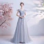 Élégant Gris Robe De Bal 2021 Princesse De l'épaule Manches Courtes Appliques Paillettes Perlage Glitter Tulle Train De Balayage Volants Dos Nu Robe De Ceremonie