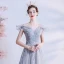 Élégant Gris Robe De Bal 2021 Princesse De l'épaule Manches Courtes Appliques Paillettes Perlage Glitter Tulle Train De Balayage Volants Dos Nu Robe De Ceremonie