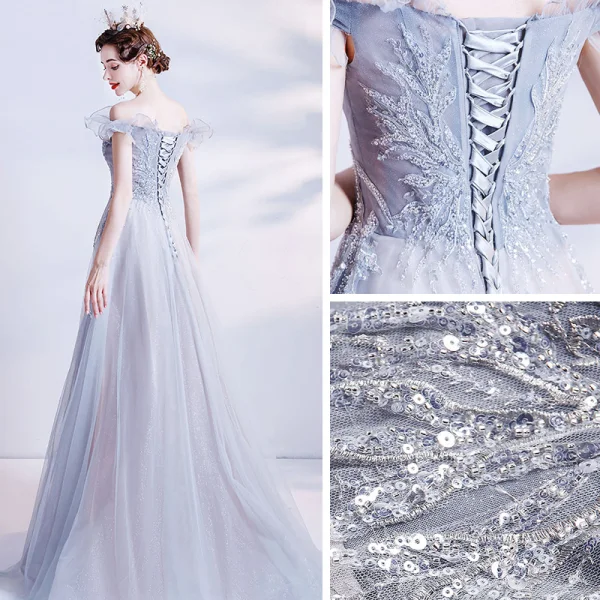 Élégant Gris Robe De Bal 2021 Princesse De l'épaule Manches Courtes Appliques Paillettes Perlage Glitter Tulle Train De Balayage Volants Dos Nu Robe De Ceremonie
