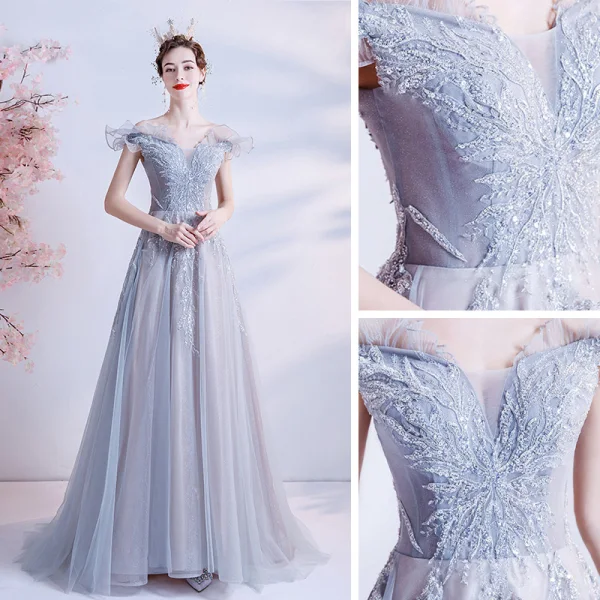 Élégant Gris Robe De Bal 2021 Princesse De l'épaule Manches Courtes Appliques Paillettes Perlage Glitter Tulle Train De Balayage Volants Dos Nu Robe De Ceremonie