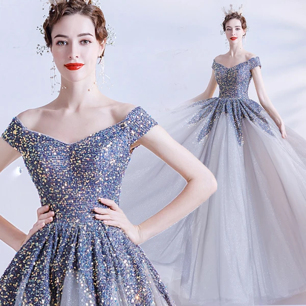 Sparkly Silver Dancing Prom Dresses 2021 A-Line / Princess Off-The-Shoulder Short Sleeve Sequins Glitter Tulle Floor-Length / Long Ruffle Backless Formal Dresses