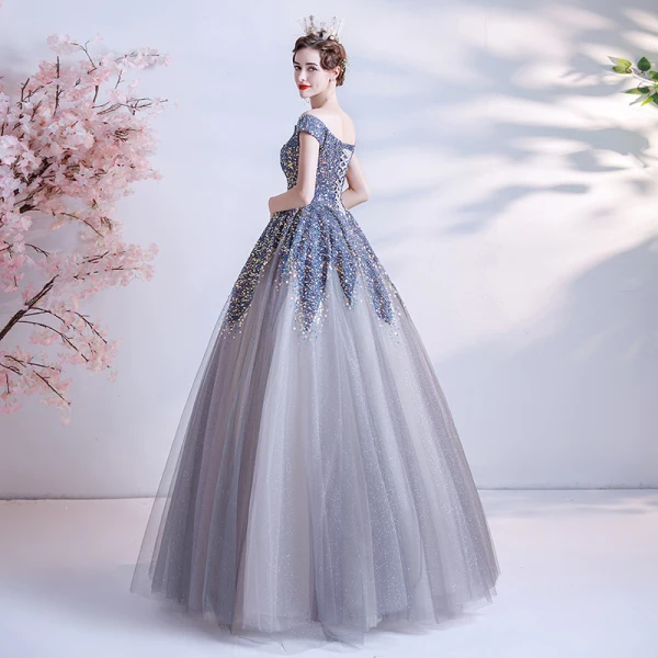 Sparkly Silver Dancing Prom Dresses 2021 A-Line / Princess Off-The-Shoulder Short Sleeve Sequins Glitter Tulle Floor-Length / Long Ruffle Backless Formal Dresses
