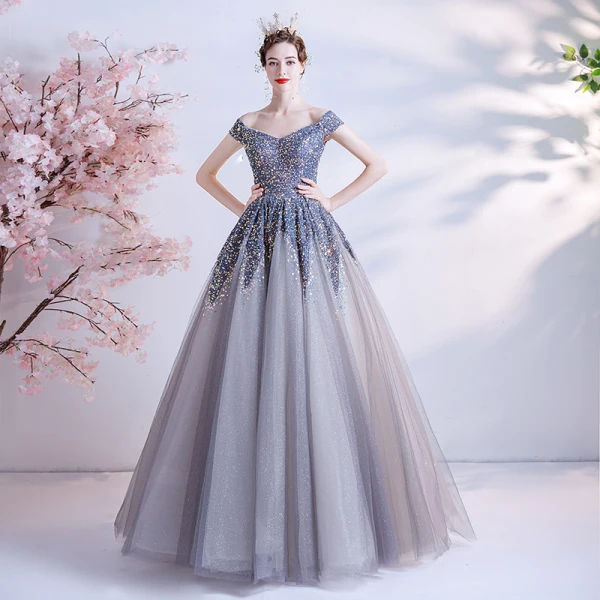 Sparkly Silver Dancing Prom Dresses 2021 A-Line / Princess Off-The-Shoulder Short Sleeve Sequins Glitter Tulle Floor-Length / Long Ruffle Backless Formal Dresses