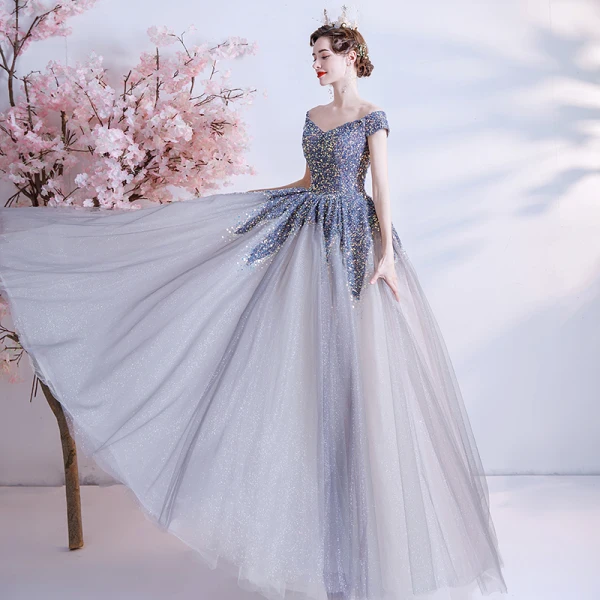 Sparkly Silver Dancing Prom Dresses 2021 A-Line / Princess Off-The-Shoulder Short Sleeve Sequins Glitter Tulle Floor-Length / Long Ruffle Backless Formal Dresses