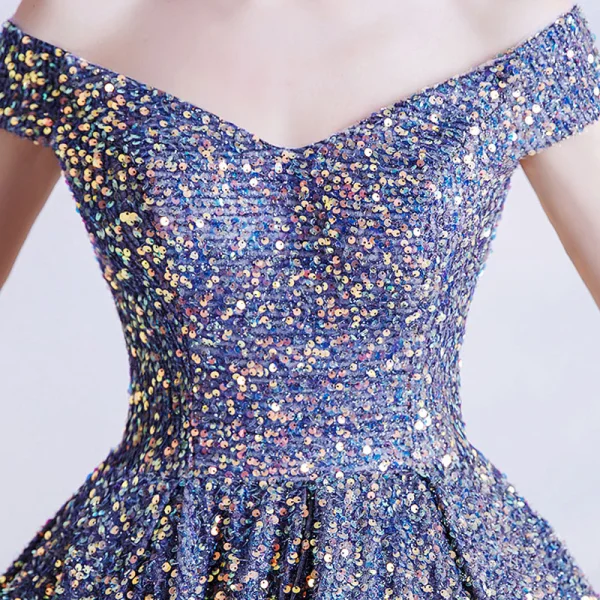 Sparkly Silver Dancing Prom Dresses 2021 A-Line / Princess Off-The-Shoulder Short Sleeve Sequins Glitter Tulle Floor-Length / Long Ruffle Backless Formal Dresses