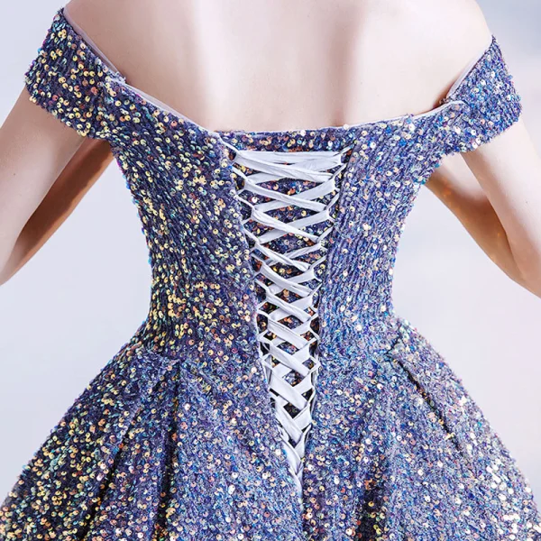 Sparkly Silver Dancing Prom Dresses 2021 A-Line / Princess Off-The-Shoulder Short Sleeve Sequins Glitter Tulle Floor-Length / Long Ruffle Backless Formal Dresses