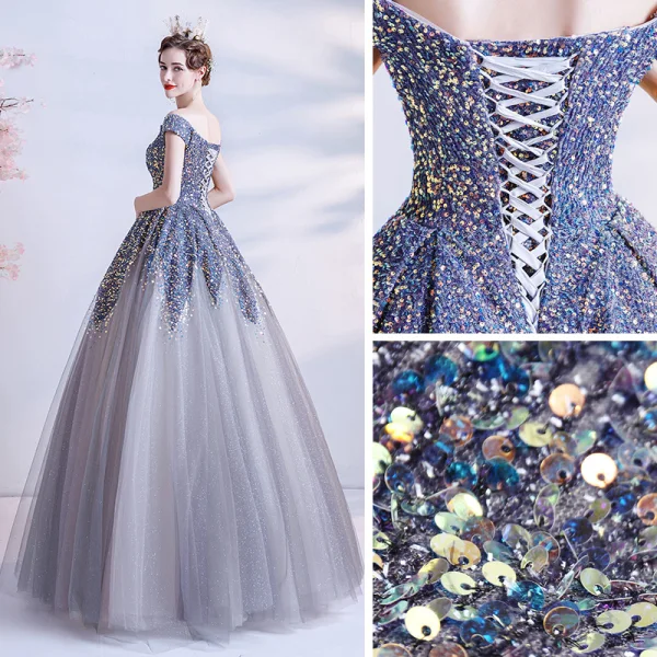 Sparkly Silver Dancing Prom Dresses 2021 A-Line / Princess Off-The-Shoulder Short Sleeve Sequins Glitter Tulle Floor-Length / Long Ruffle Backless Formal Dresses