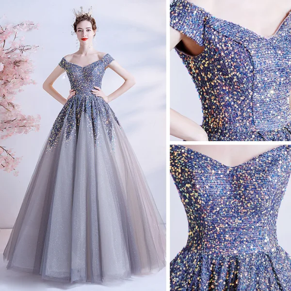 Sparkly Silver Dancing Prom Dresses 2021 A-Line / Princess Off-The-Shoulder Short Sleeve Sequins Glitter Tulle Floor-Length / Long Ruffle Backless Formal Dresses