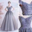Sparkly Silver Dancing Prom Dresses 2021 A-Line / Princess Off-The-Shoulder Short Sleeve Sequins Glitter Tulle Floor-Length / Long Ruffle Backless Formal Dresses