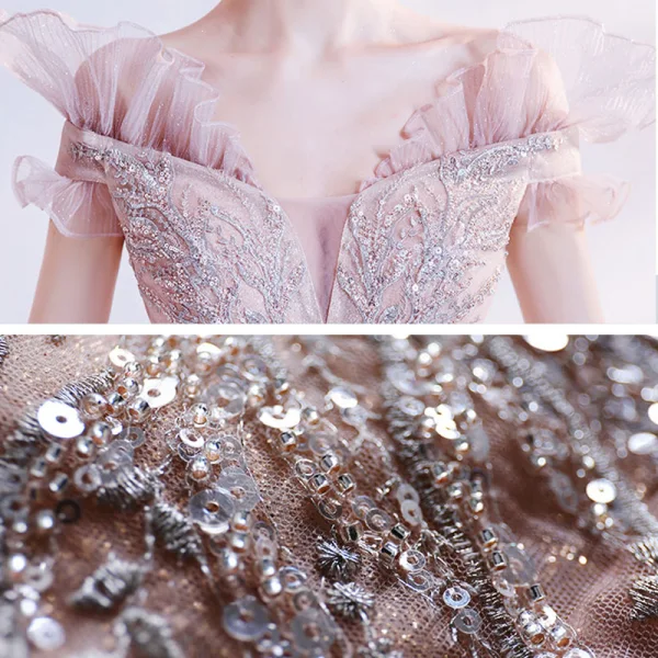 Élégant Rougissant Rose Robe De Bal 2021 Princesse De l'épaule Manches Courtes Appliques Paillettes Perlage Glitter Tulle Train De Balayage Volants Dos Nu Robe De Ceremonie