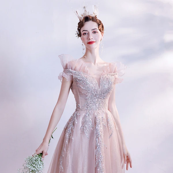 Élégant Rougissant Rose Robe De Bal 2021 Princesse De l'épaule Manches Courtes Appliques Paillettes Perlage Glitter Tulle Train De Balayage Volants Dos Nu Robe De Ceremonie