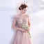 Élégant Rougissant Rose Robe De Bal 2021 Princesse De l'épaule Manches Courtes Appliques Paillettes Perlage Glitter Tulle Train De Balayage Volants Dos Nu Robe De Ceremonie