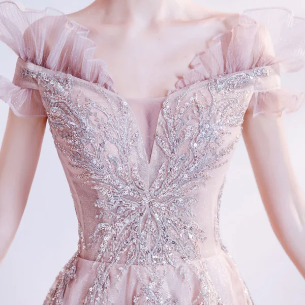 Élégant Rougissant Rose Robe De Bal 2021 Princesse De l'épaule Manches Courtes Appliques Paillettes Perlage Glitter Tulle Train De Balayage Volants Dos Nu Robe De Ceremonie