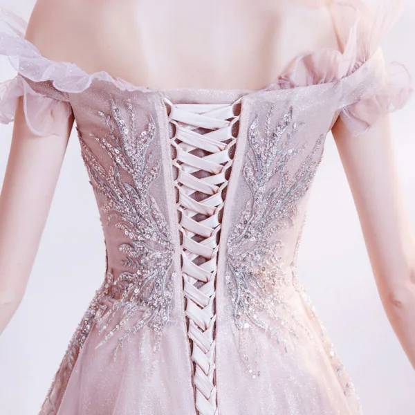 Élégant Rougissant Rose Robe De Bal 2021 Princesse De l'épaule Manches Courtes Appliques Paillettes Perlage Glitter Tulle Train De Balayage Volants Dos Nu Robe De Ceremonie