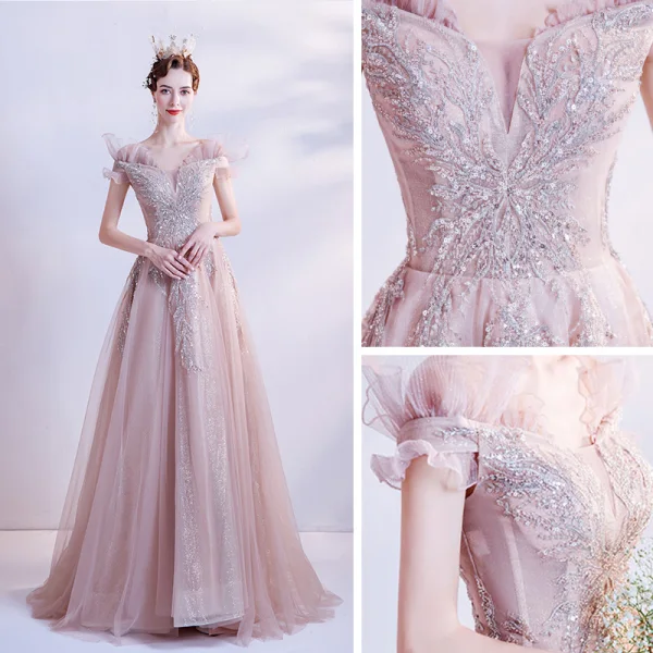 Élégant Rougissant Rose Robe De Bal 2021 Princesse De l'épaule Manches Courtes Appliques Paillettes Perlage Glitter Tulle Train De Balayage Volants Dos Nu Robe De Ceremonie