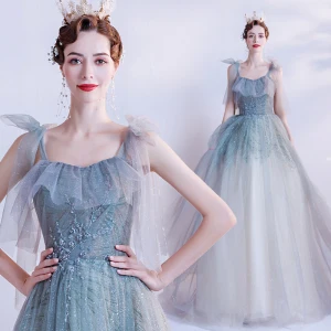 Chic Beautiful Sage Green Glitter Tulle Prom Dresses 2021 A Line Princess Spaghetti Straps Sleeveless Beading Sweep Train Ruffle Backless Formal Dresses