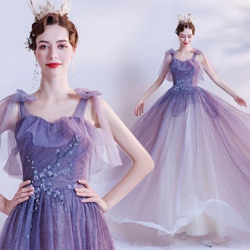 Chic Belle Violet Glitter Tulle Robe De Bal 2021 Princesse Bretelles Spaghetti Sans Manches Perlage Train De Balayage Volants Dos Nu Robe De Ceremonie