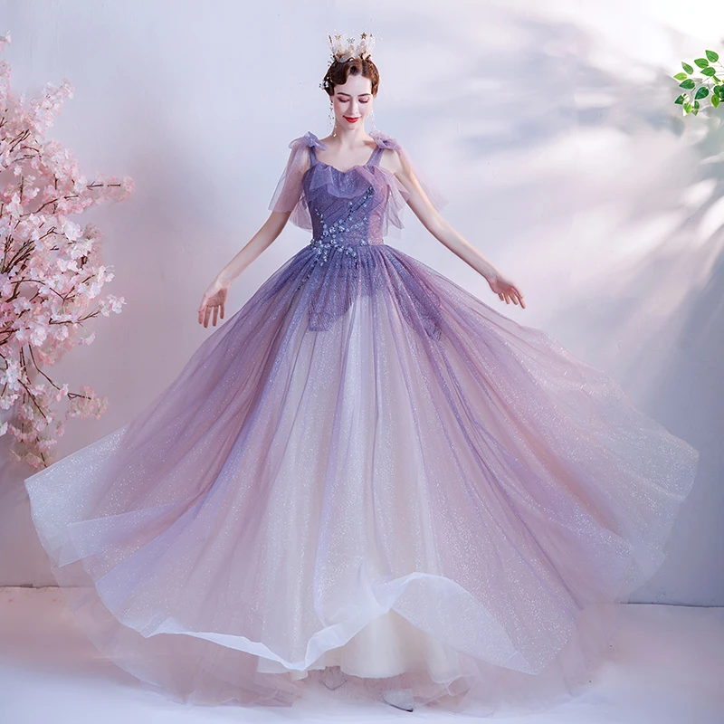 Chic Beautiful Purple Glitter Tulle Prom Dresses 2021 A Line Princess  Spaghetti Straps Sleeveless Beading Sweep Train Ruffle Backless Formal  Dresses