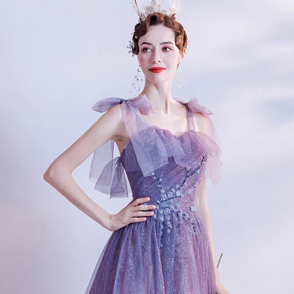 Chic / Beautiful Purple Glitter Tulle Prom Dresses 2021 A-Line / Princess Spaghetti Straps Sleeveless Beading Sweep Chic / Beautiful Purple Glitter Tulle Prom Dresses 2021 A-Line / Princess Spaghetti Straps Sleeveless Beading Sweep