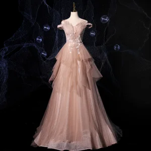 Mode Champagne Robe De Bal 2021 Princesse De L 039 Épaule Manches Courtes Appliques En Dentelle Perlage Glitter Tulle Train De Balayage Volants Dos Nu Robe De Ceremonie