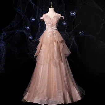 Moda Szampan Sukienki Na Bal 2021 Princessa Przy Ramieniu Kótkie Rękawy Aplikacje Z Koronki Frezowanie Cekinami Tiulowe Trenem Sweep Wzburzyć Bez Pleców Sukienki Wizytowe